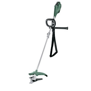 Grüner Bosch Elektro-Rasentrimmer AFS 23-37 mit Messer, verstellbarem Griff und Gurt.