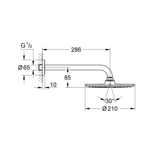 Technische Zeichnung: Grohe Rainshower Cosmopolitan 210 Kopfbrause mit Brausearm (286 mm), Maße und Details.
