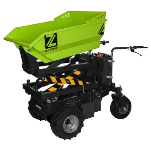Grün-schwarzer Zipper Elektro-Rad Dumper mit hydraulischer Scherenhubfunktion. Ideal für Baumaschinen und Transport.