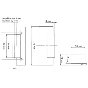 Technische Zeichnung: Elektrischer Türöffner mit Maßen und mechanischer Entriegelung.
