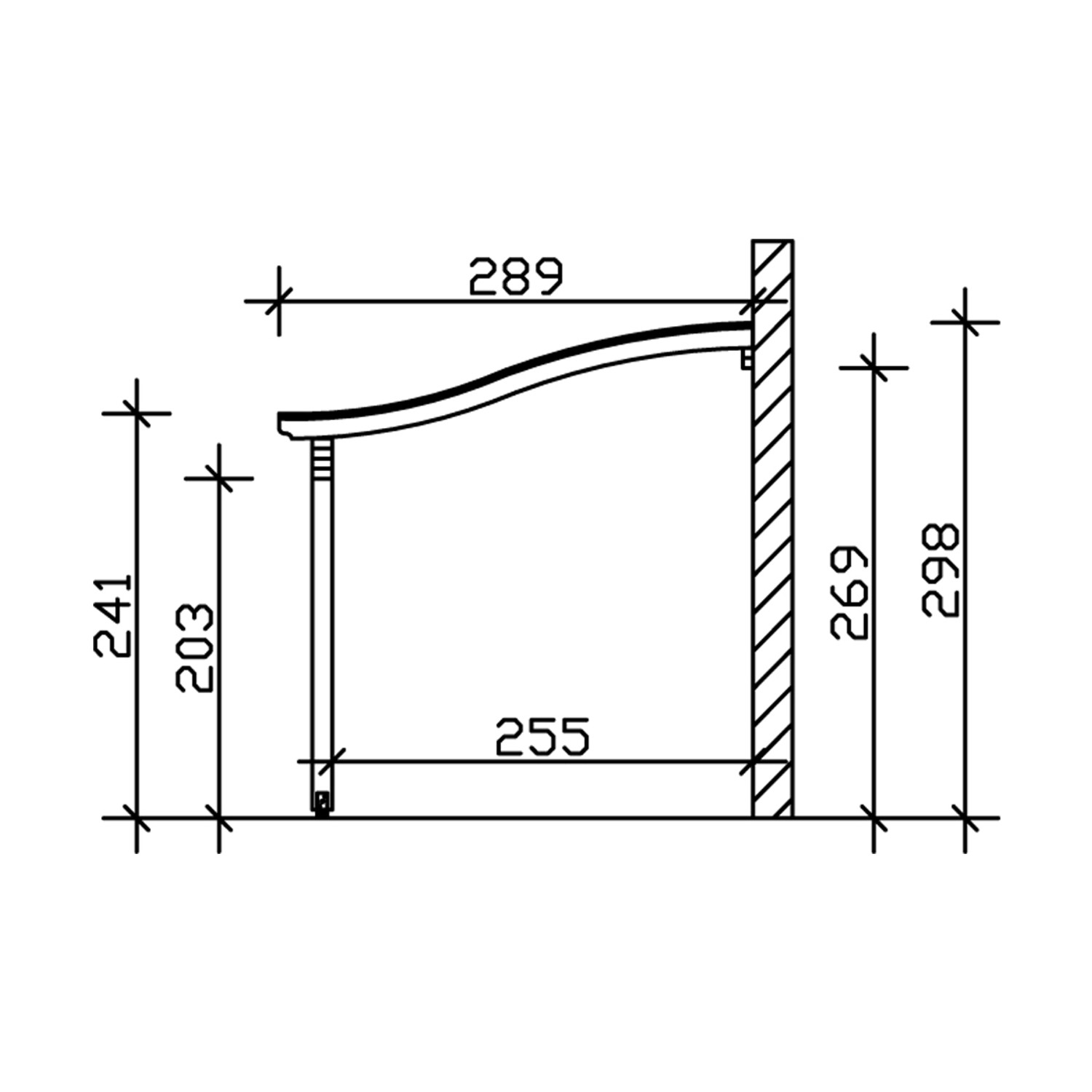 Technische Zeichnung der Skan Holz Terrassenüberdachung Verona, Maße in cm.