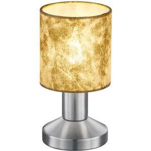Goldene Trio Touch Nachttischlampe Garda mit Metallfuß und zylindrischem Schirm.