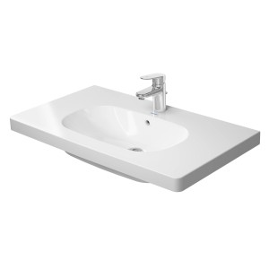 Weißes Duravit D-Code Möbelwaschbecken, 85 cm breit, mit Hahnloch für Waschtischarmatur.