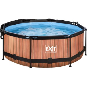 EXIT Wood Pool, brauner Stahlrahmenpool mit Sonnensegel und Filterpumpe, ø 244x76 cm.
