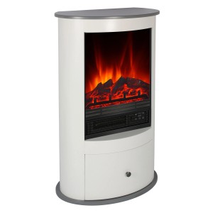 Weißer EL Fuego Elektrokamin Wien II mit Flammeneffekt und Schublade.