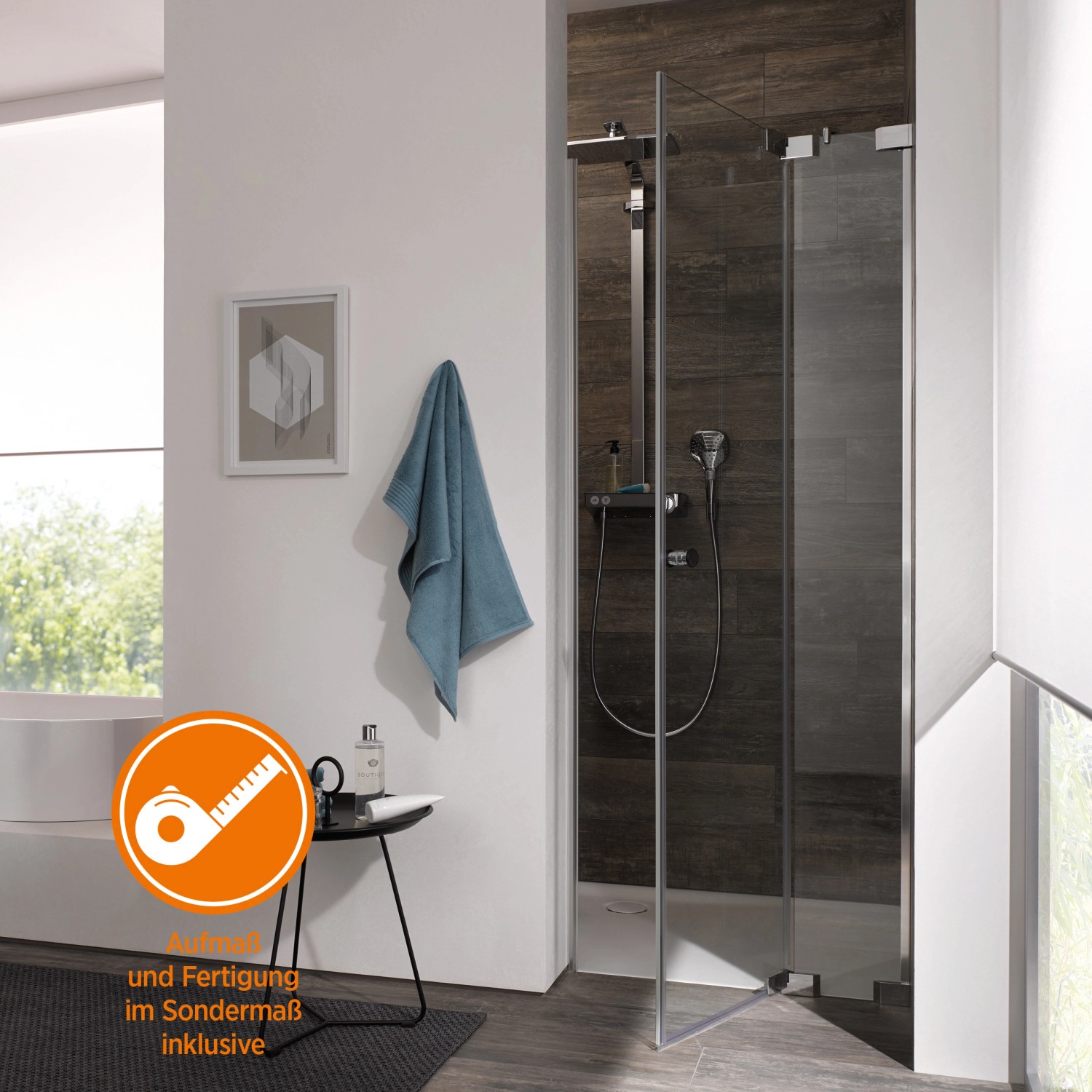 Dusch-Nischentür Brava mit Festteil, Chrom, Sondermaßanfertigung. Anschlag rechts.