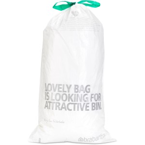 Voller, weißer Brabantia Müllbeutel PerfectFit 30 Liter mit grünem Zugband.