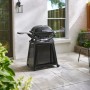 Schwarzer Weber Gasgrill Q2200N mit Stand und Seitentischen auf einer Terrasse.