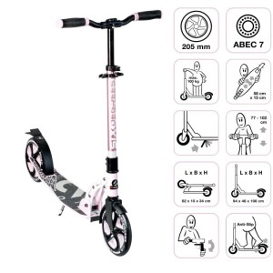 Rosa-weißer Six Degrees Aluminium Scooter mit Klappmechanismus, Ständer und 205 mm Rädern. Höhenverstellbarer Sport-Scooter.