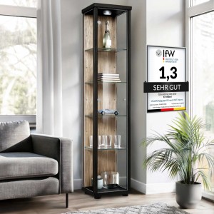 Stehende Glasvitrine von K-Möbel in Schwarz & Sonoma Eiche mit LED-Beleuchtung und Glasböden.