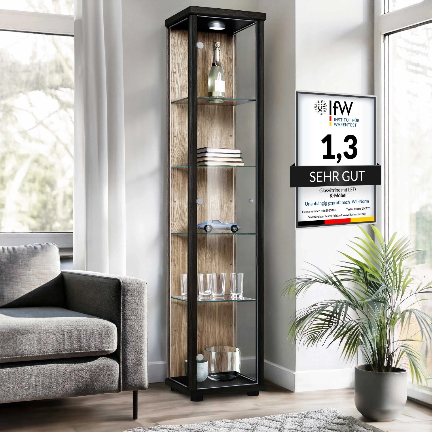 K-Möbel Glasvitrine Stehend 176x37x33 cm Made in Germany mit LED & 4 Höhenverstellbaren Glasböden Schwarz & Sonoma Eiche kaufen bei OBI