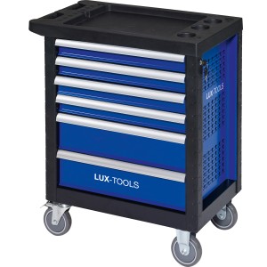 Blauer Werkstattwagen mit 6 Schubladen, Stahlgehäuse und Rollen von LUX-TOOLS.