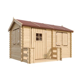 Timbela Kinderspielhaus M503 aus Holz mit Boden, Fensterläden und Tür.