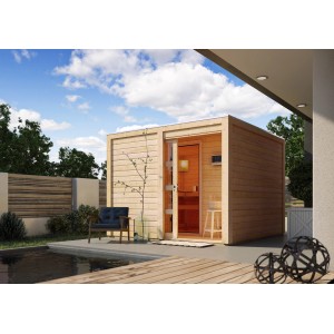Karibu Saunahaus Jasper mit Ofen und externer Steuerung im Garten.