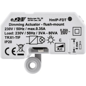 Homematic IP Dimmaktor Unterputz, weißes Gehäuse mit technischen Daten und Anschlüssen.