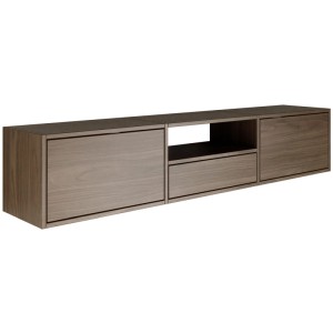 Wandmontiertes TV-Hängeboard Framme in Walnuss-Holzoptik mit zwei Klappen, offenem Fach und Schublade.