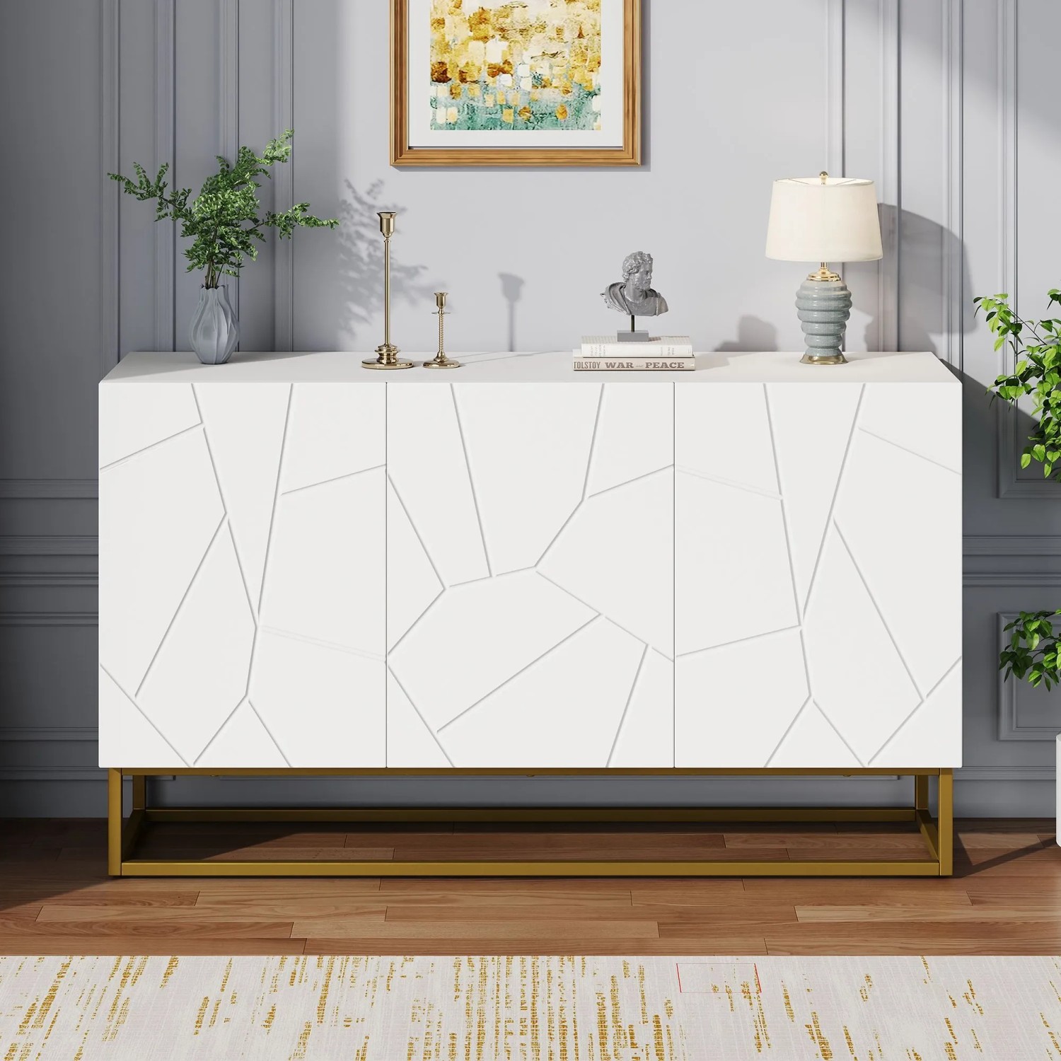 okwish Sideboard mit 4 Fächern Stauraum Esszimmer 130x38x76cm Weiß_3