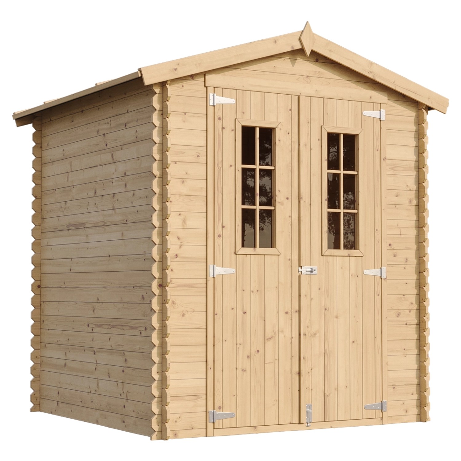 Timbela Holz-Gartenhaus M320C, beige-braun, 2,82 m², mit Doppeltür und Fenster.