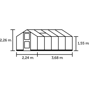 Skizze Juliana Gewächshaus Compact 8 Alu mit Maßangaben zu Höhe, Breite und Tiefe.