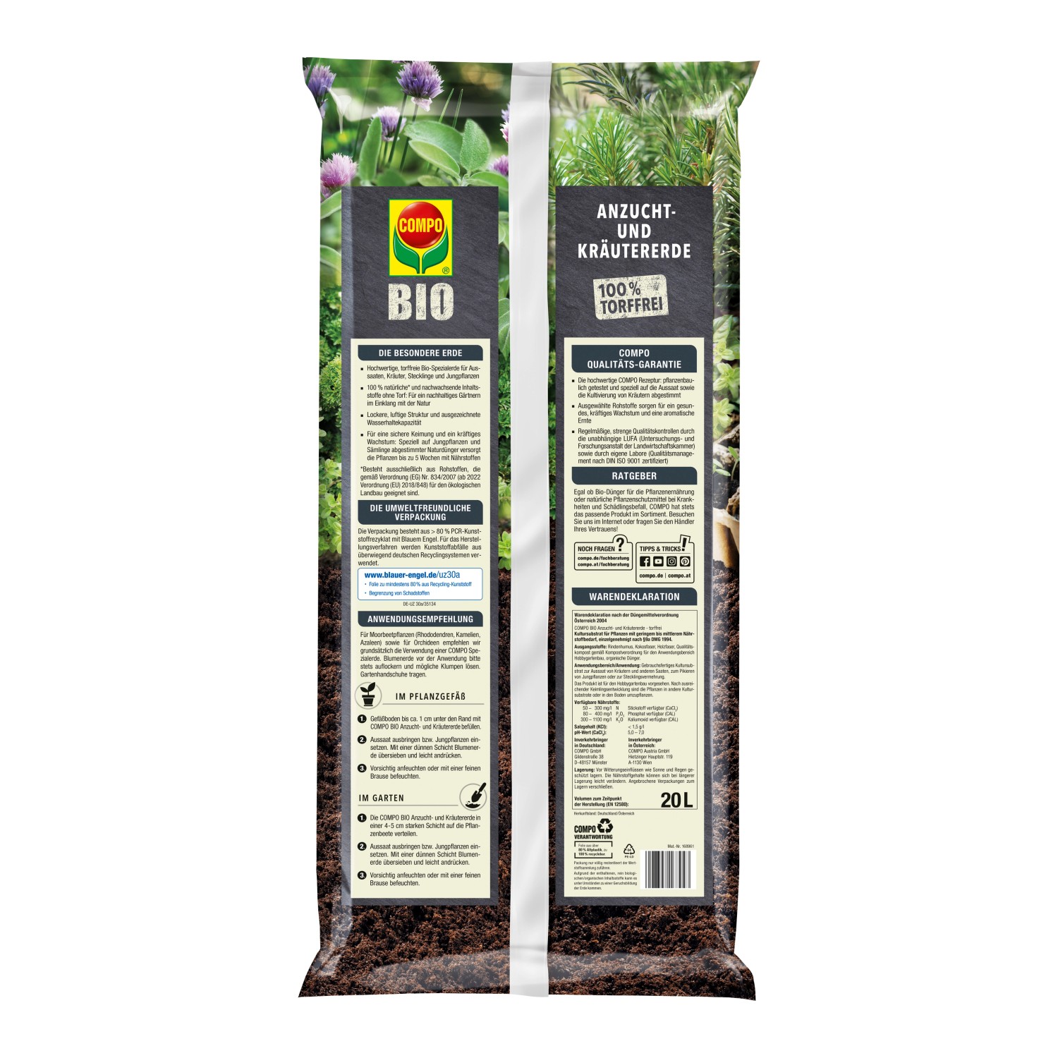 Compo Bio Anzucht- und Kräutererde, 20 l Sack, torffreie Bio-Erde für Aussaat und Kräuteranbau.