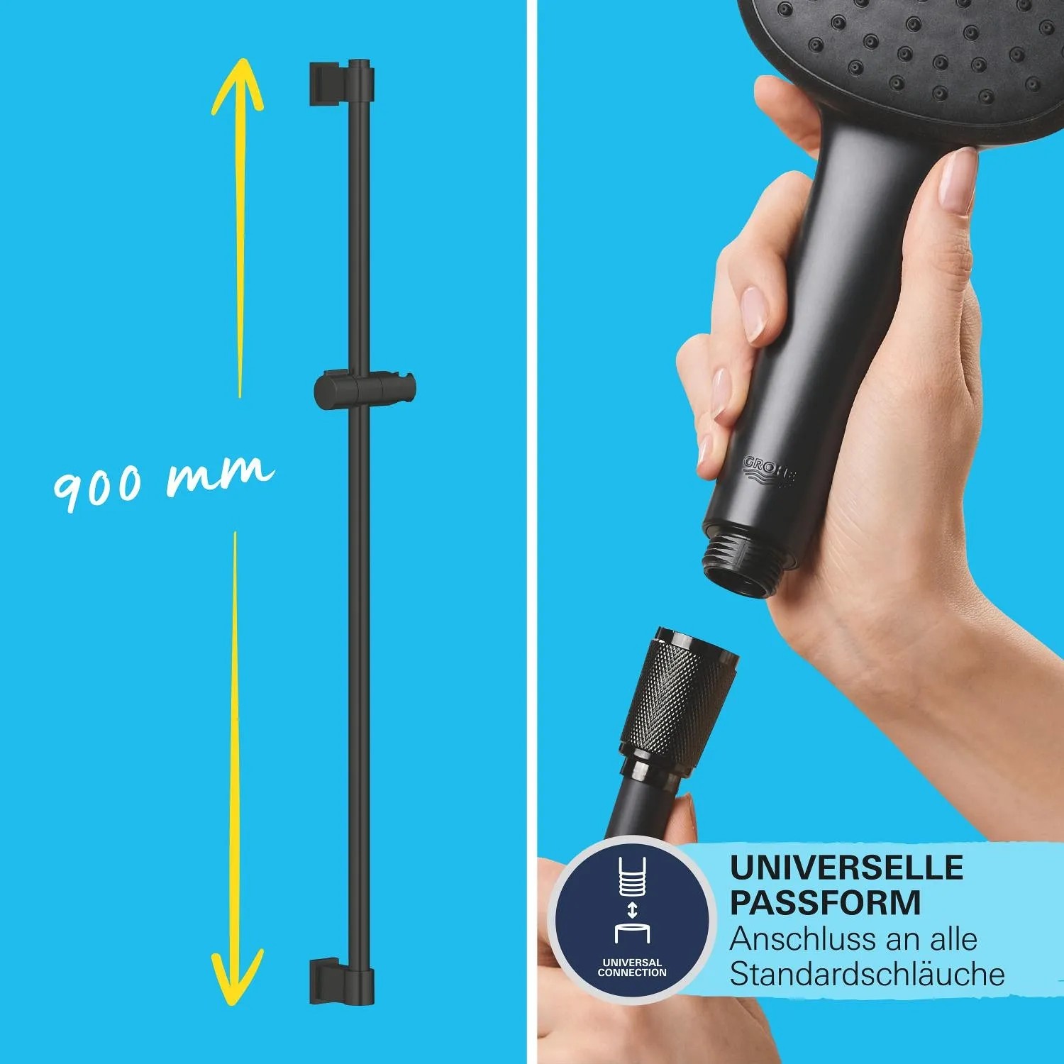 Grohe Quickfix Brausestangenset Vitalio Comfort 110 in Schwarz mit Brause, Schlauch und Stange (900mm).
