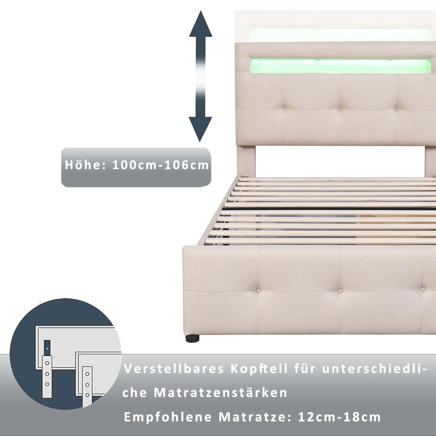 okwish Polsterbett 90x200cm mit LED Leuchten Kinderzimmer Beige ohne Matratze_9