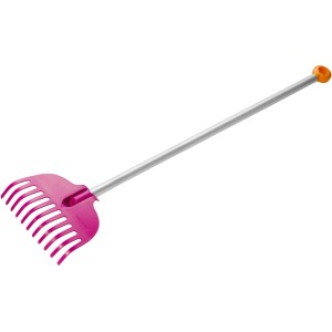 Fiskars Kinder-Laubbesen MyFirst, pinker Rechen mit silbernem Stiel und orangem Griff.