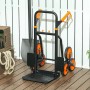 DURHAND Treppensteiger, schwarz-orange, mit 6 Rädern für Treppen und unebene Böden. Robuste, klappbare Sackkarre auf Holzterrasse.