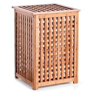 Quadratischer Wäschesammler aus Bambus (80 l) mit Lattenmuster und herausnehmbarem Innenbeutel.