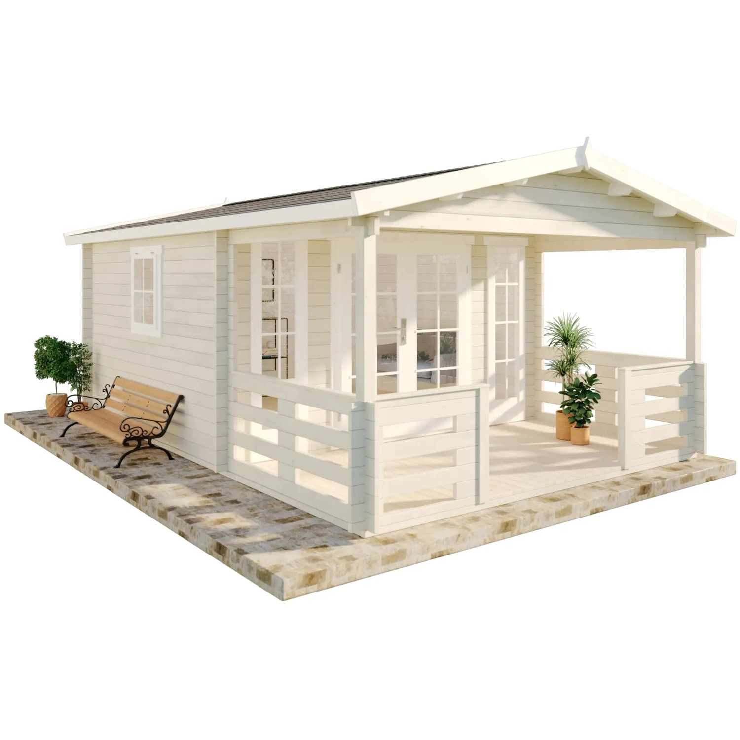 Imprägniertes Alpholz Gartenhaus Lappland-40 mit Satteldach und überdachter Veranda.