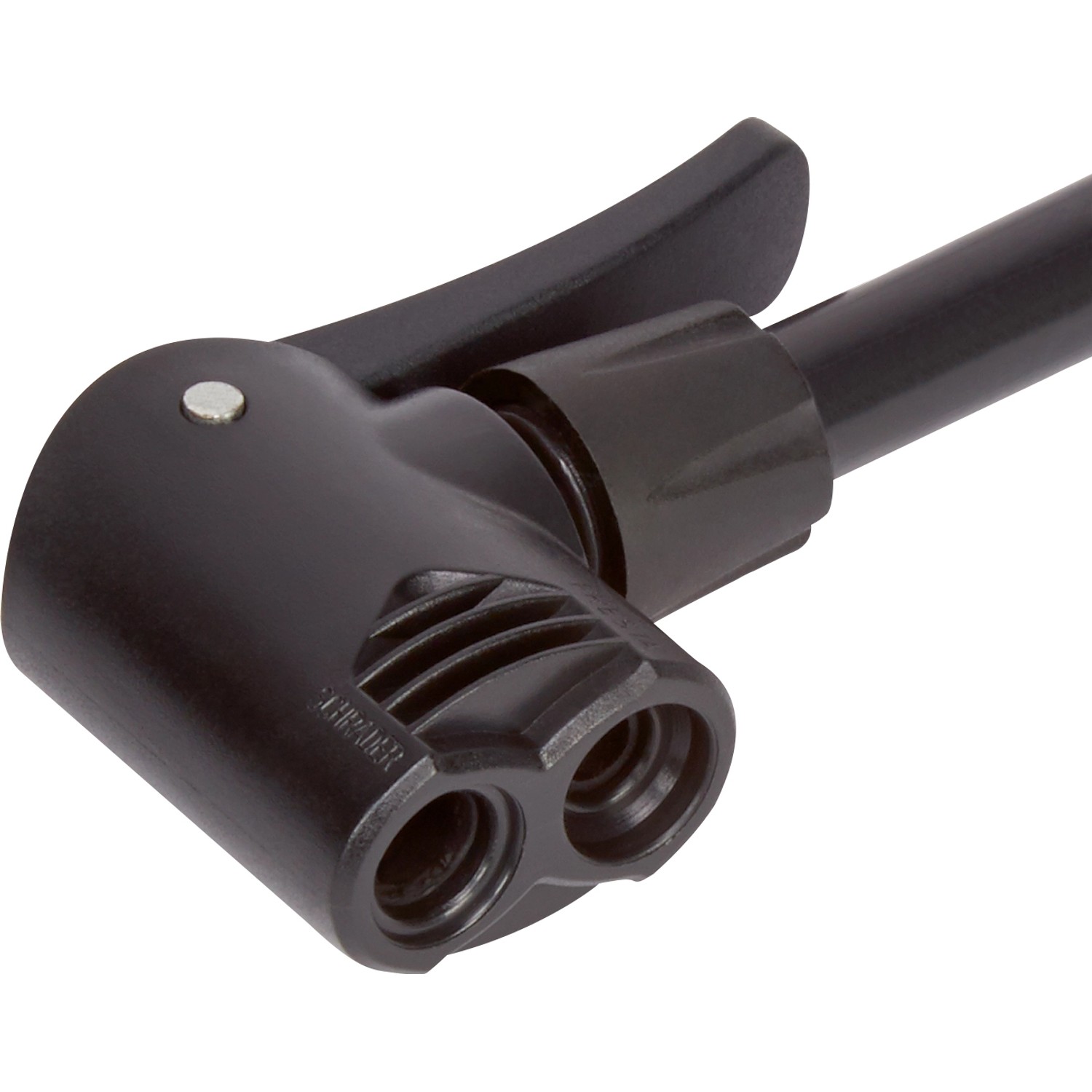 Detailaufnahme: Schwarzer Pumpenkopf der OBI Hochleistungs-Standluftpumpe für Fahrradreifen.