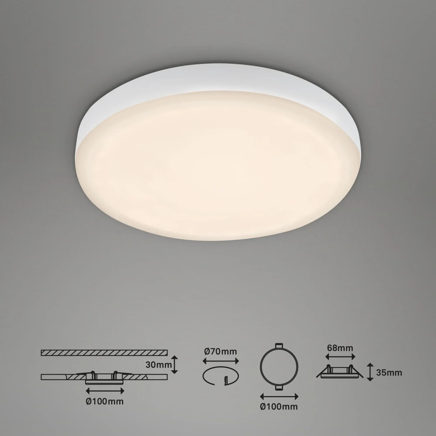 Weiße Briloner LED Einbauleuchte Plat, Ø 10cm, warmweißes Licht. Ideal als Deckenlampe.