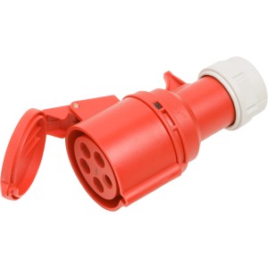 Rote PCE CEE Kupplung, 5-polig, 32A, IP44 für Elektroverbindungen im Außenbereich.