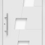 Weiße Aluminium Haustür Moderno M550/P mit Edelstahlgriff und drei satinierten Glaseinsätzen.