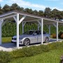 Holzbrüder Einzelcarport Ralf in Reinweiß mit Blechdach in Dunkelbraun und Auto.