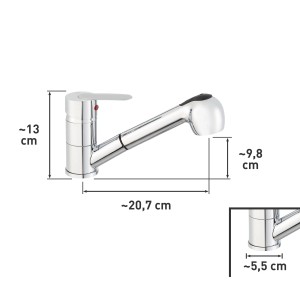 OBI Einhebel-Küchenarmatur Alva, verchromt, mit Geschirrbrause und Maßangaben.