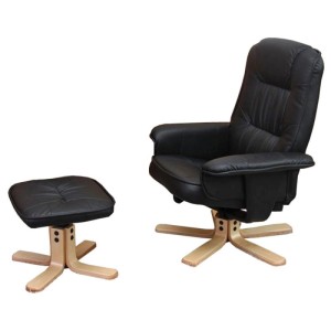 Schwarzer Relaxsessel MCW H56 mit Hocker und Holzfuß