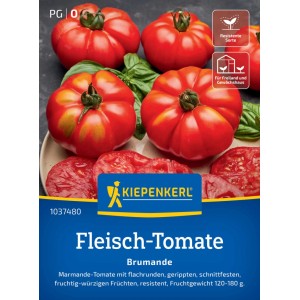 Kiepenkerl Fleisch-Tomate Brumande F1 Samen, rote, gerippte Tomaten auf Teller.