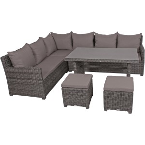 Graue Lounge-Eckgruppe Oviedo aus Kunststoffgeflecht mit Tisch und Hockern für Garten, Terrasse und Balkon.