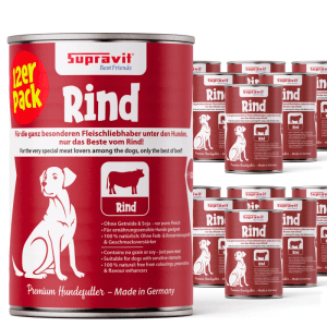 Supravit Nassfutter Rind, 12er Pack. Rote Dosen mit Hundesilhouette und Rindfleisch-Symbol. Premium Hundefutter.