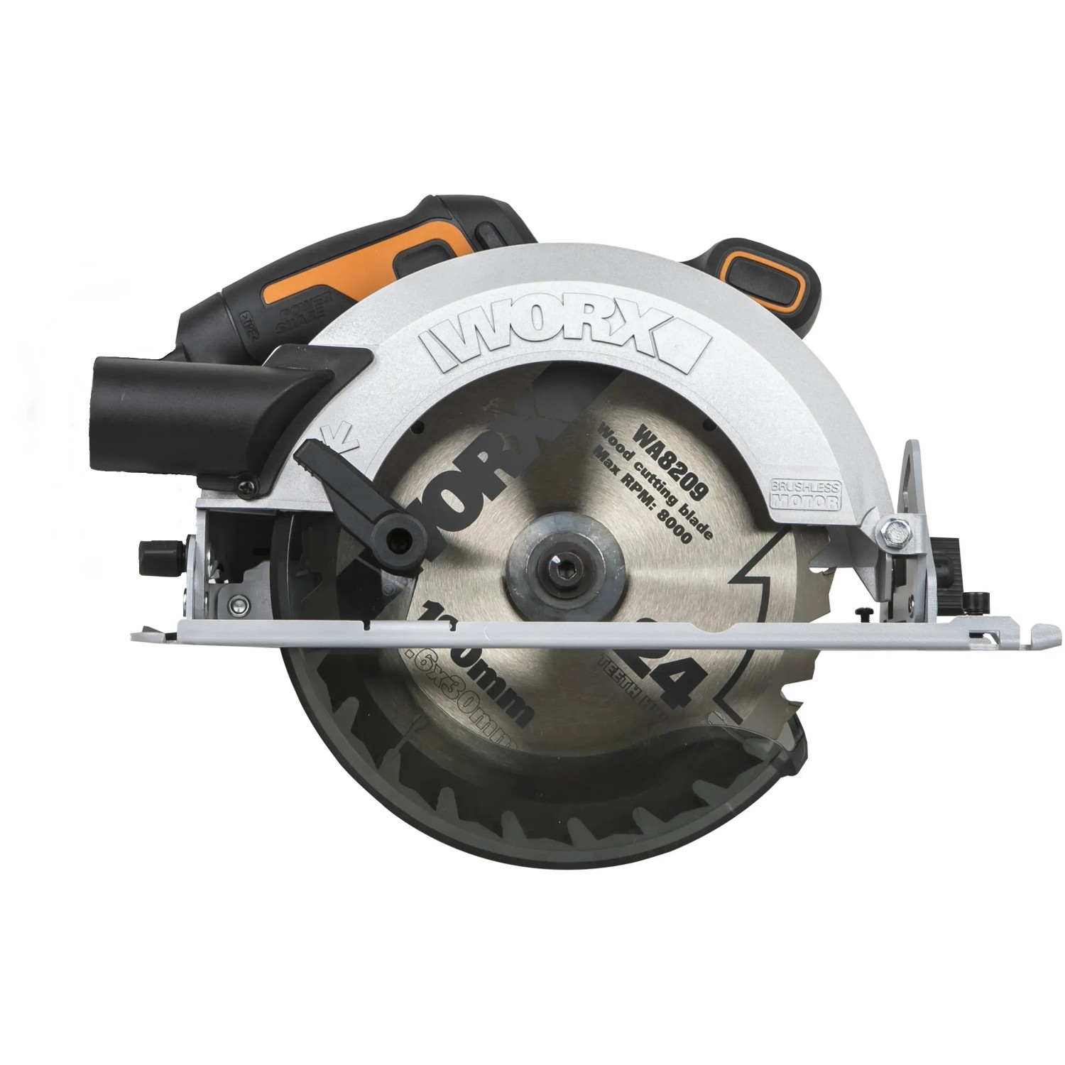Worx Akku-Handkreissäge WX520.9 20 V, ideal zum Sägen von Holz. Kompaktes Design mit silbernem Sägeblatt.
