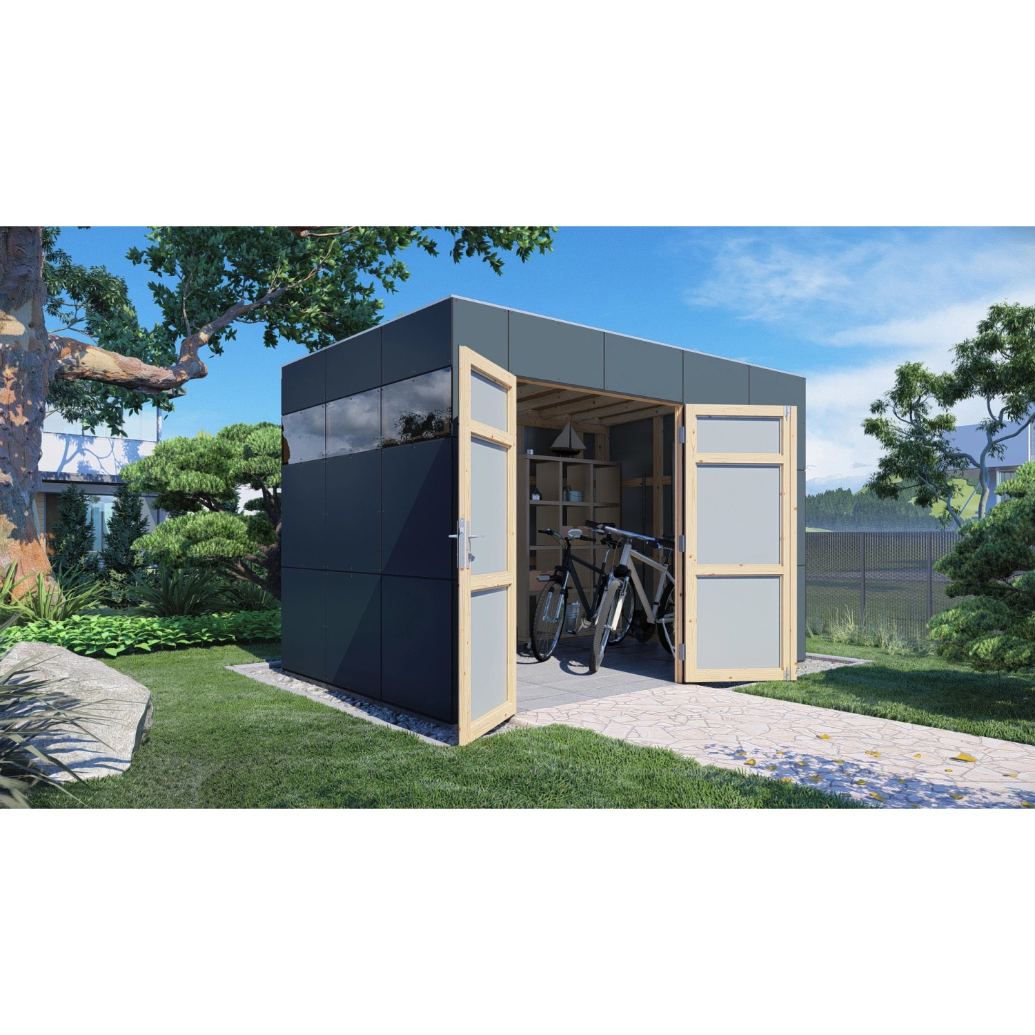 Modernes, anthrazit-graues Bertilo Gartenhaus HPL 2 mit geöffneten Türen und Fahrrädern im Inneren.