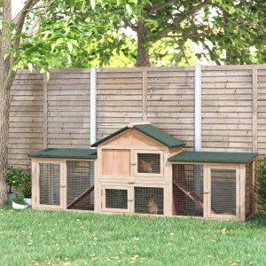 PawHut Hasenstall aus Tannenholz mit grünem Dach und Freilaufgehege im Garten. Zwei Kaninchen auf 2 Ebenen mit Rampen.
