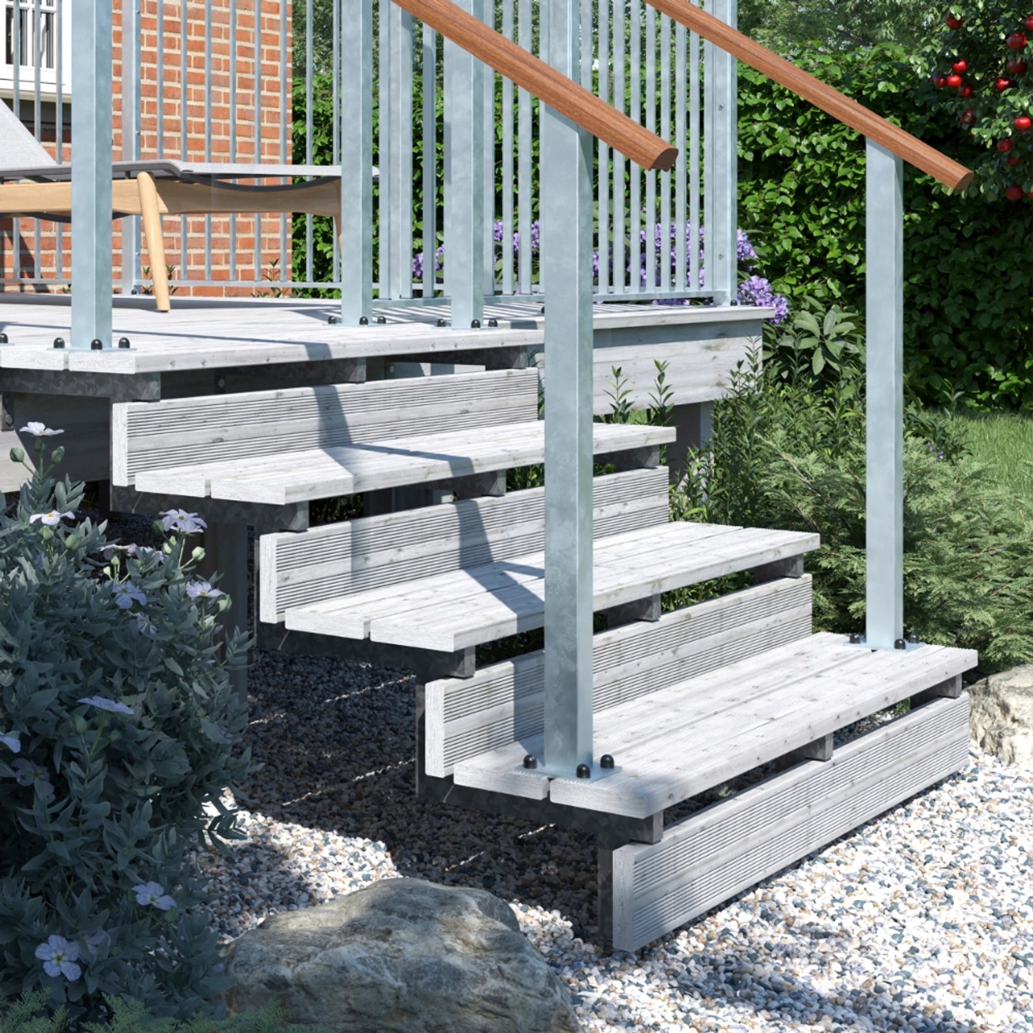 Geländerpfosten aus Stahl, feuerverzinkt, auf einer Außentreppe mit Holzstufen.