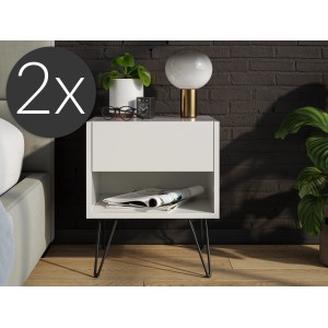 Posseik Nachttisch-Set Industrial B, 2-teilig, weiß mit Metallfüßen.