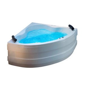 Weiße Eck-Whirlpool-Badewanne 140x140 cm mit Chrom-Hydromassagesystem und Nackenstützen.