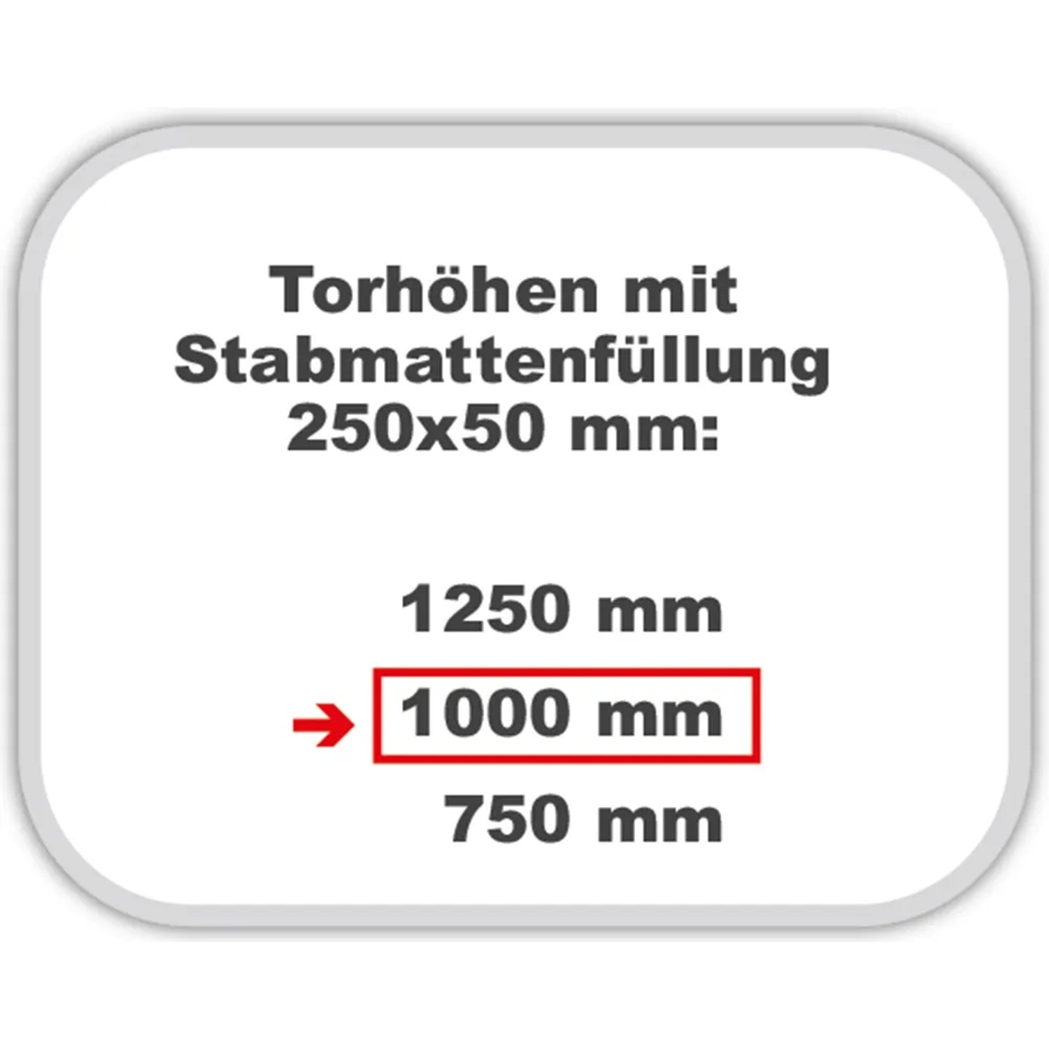 Infografik: Torhöhen mit Stabmattenfüllung 250x50 mm, Fokus auf 1000 mm Höhe.
