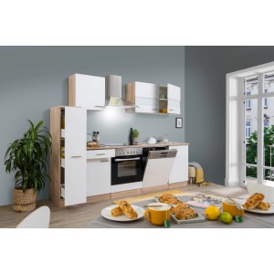 Respekta Küchenzeile KB250ESWC, 250 cm, Weiß-Eiche Glänzend mit E-Geräten.