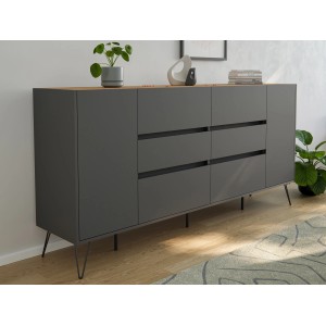 Posseik Sideboard Industrial R, 200 cm, Grafit Eiche, mit 6 Schubladen und 2 Türen.