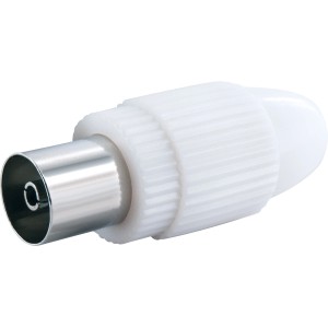 Weiße Schwaiger Koax Steckbuchse für Antennenanschluss, einfache Montage.